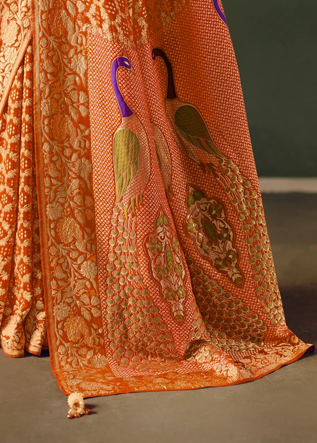 Pure Khaddi Georgette Orange Bridal Bandhani Saree