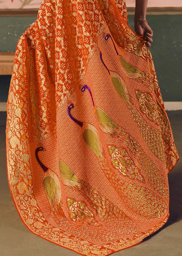 Pure Khaddi Georgette Orange Bridal Bandhani Saree