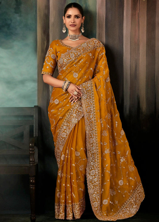 Mustard Yellow Crepe Silk Embroidered Bridal Saree