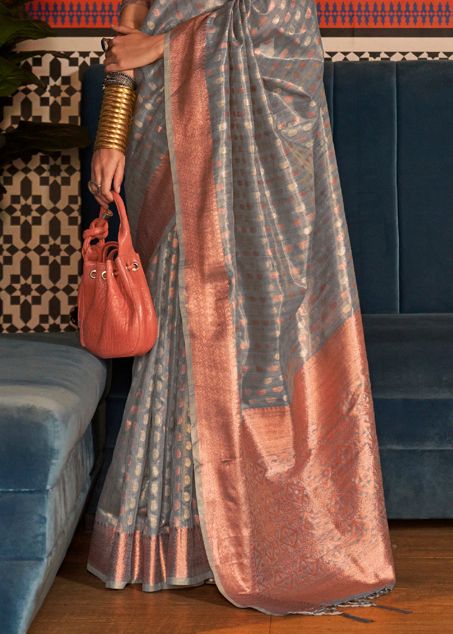 Pure Banarasi Tissue Silk Grey Handloom Weaving Saree