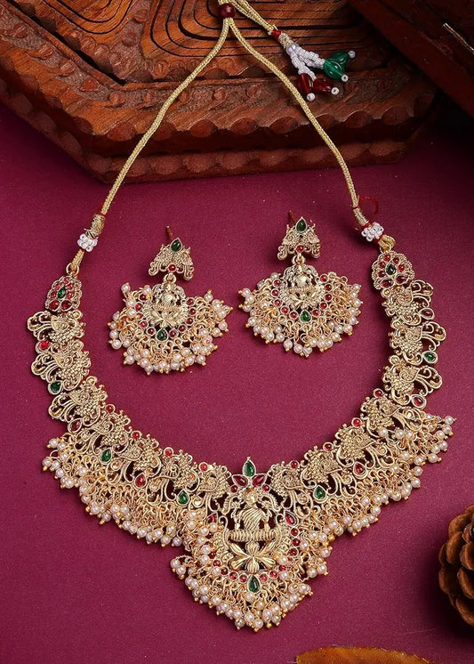 Gold Plated Temple Jewellery Necklace Set With Earrings