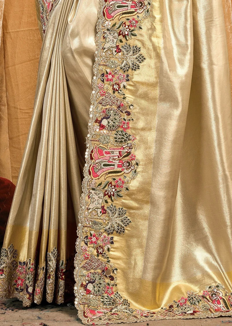Cream Kanjivaram Silk Embroidered Bridal Saree & Red Blouse
