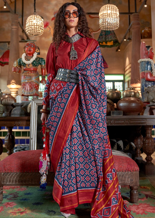 Designer Navy Blue and Red Patola Silk saree