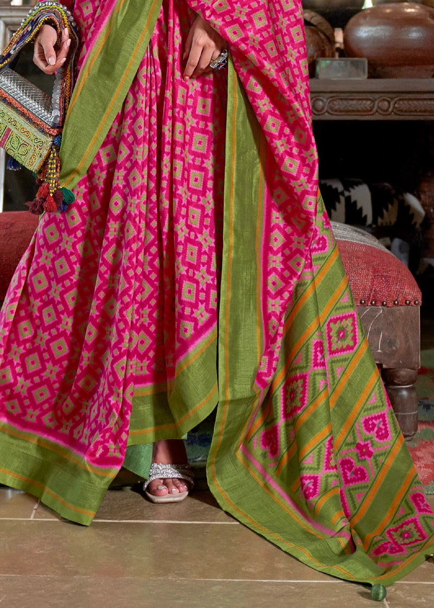 Designer Fuchsia Pink and Mehendi Green Patola Silk Saree