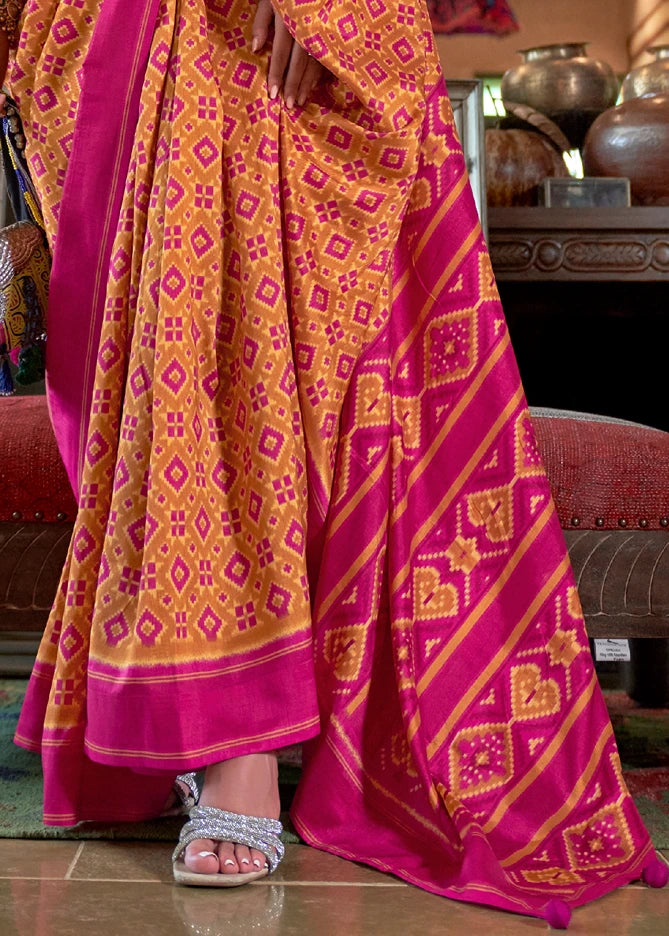 Designer Mustard Yellow and Pink Patola Silk Saree