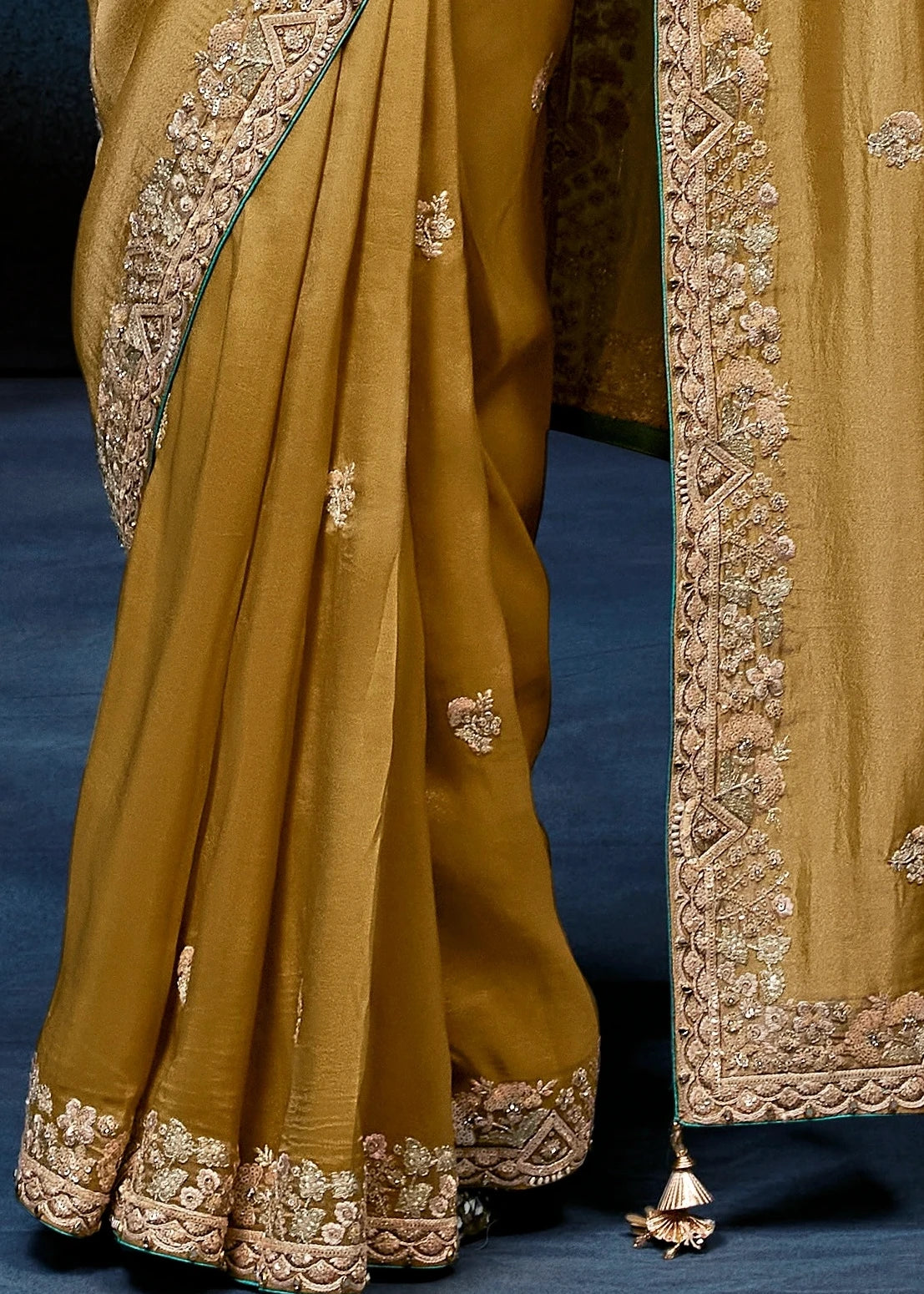 Designer Gold Organza Tissue Silk Embroidered Saree With Blue Blouse