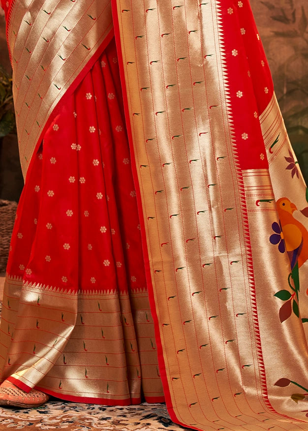 Scarlet Red Pure Paithani Silk Handloom Saree