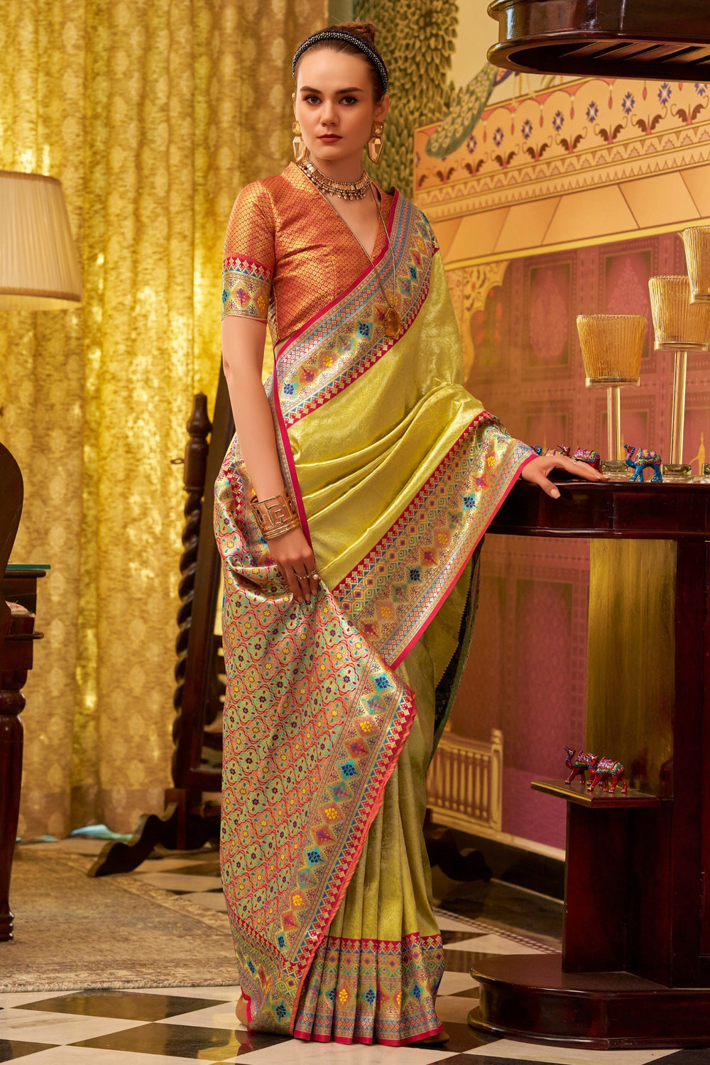 Yellow Banarasi Tissue Silk Multicolor Weaving Border Saree