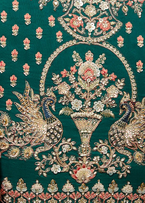 Designer Rust Orange Organza Tissue Silk Embroidered Saree with Green Blouse