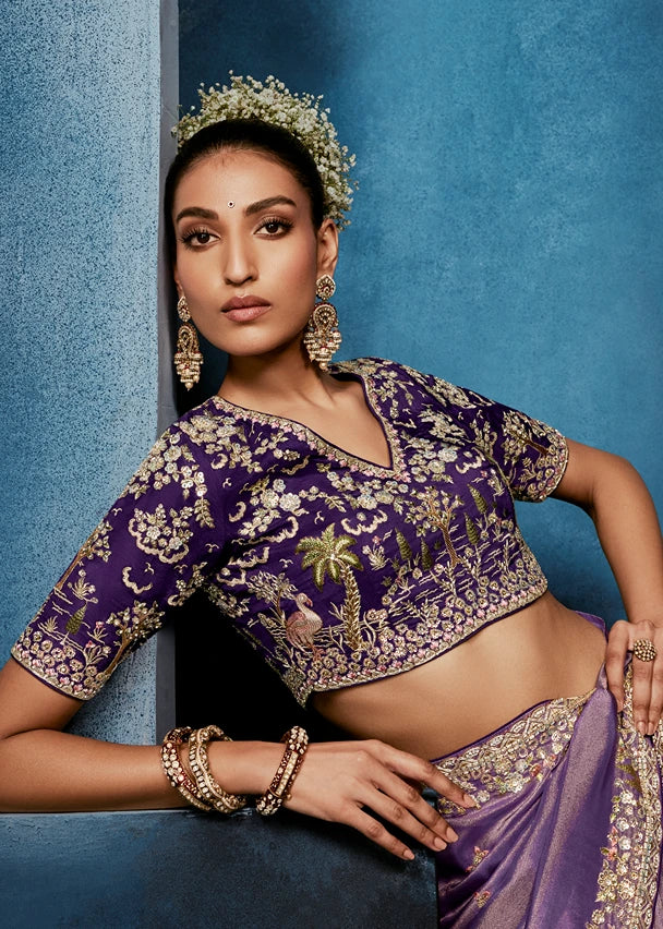 Designer Lavender Purple Organza Tissue Silk Embroidered Saree with Violet Blouse