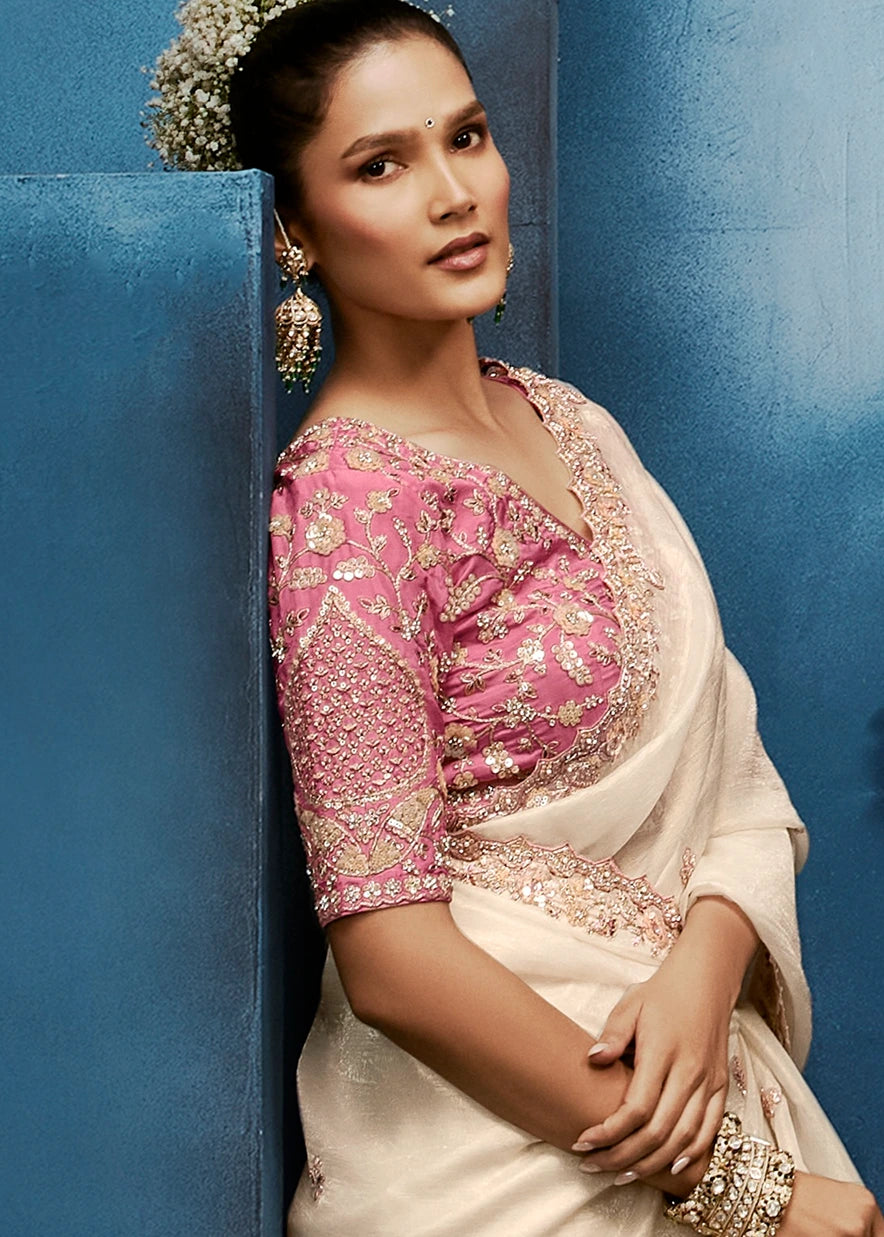 Designer Off White Organza Tissue Silk Embroidered Saree with Pastel Pink Blouse