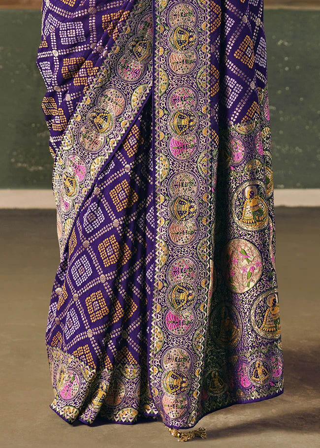 Pure Khaddi Georgette Indigo Purple Bridal Bandhani Saree