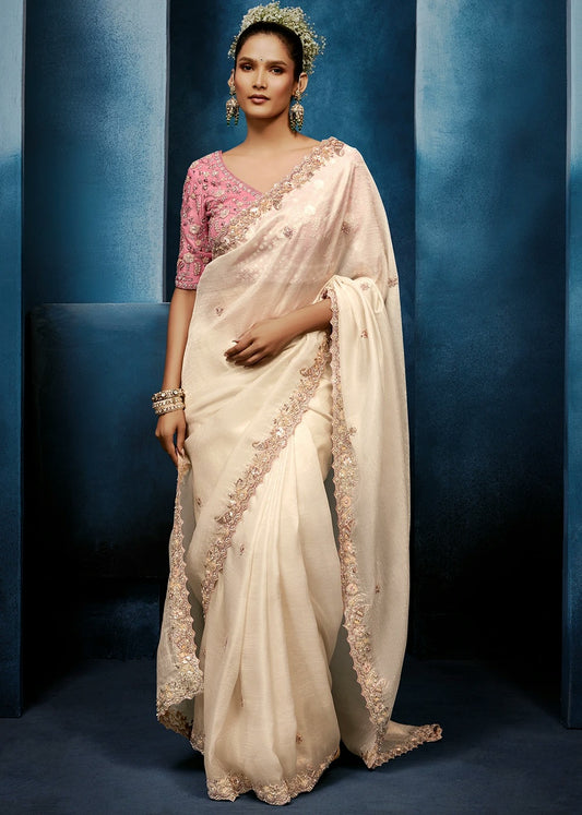 Designer Off White Organza Tissue Silk Embroidered Saree with Pastel Pink Blouse