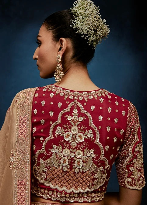 Designer Golden Beige Organza Tissue Silk Embroidered Saree with Red Blouse