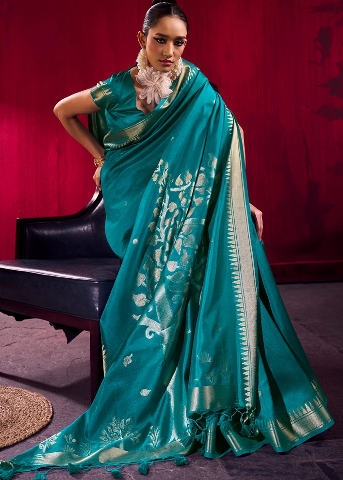 Soft Banarasi Silk Teal Green Zari Weaving Saree
