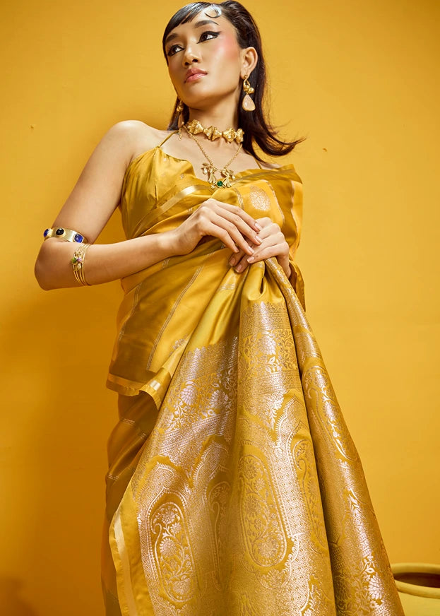 Mustard Yellow Tissue Satin Silk Zari Weaving Handloom Saree
