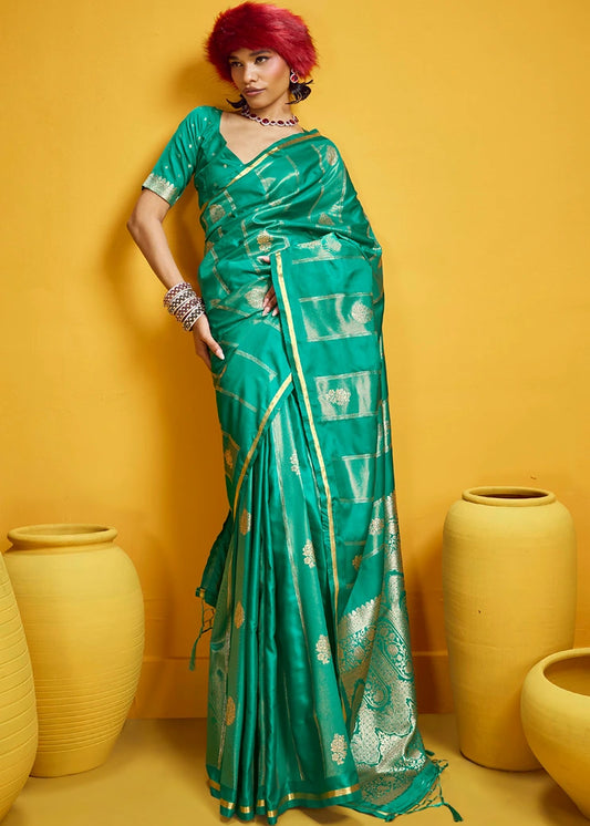Emerald Green Tissue Satin Silk Zari Weaving Handloom Saree