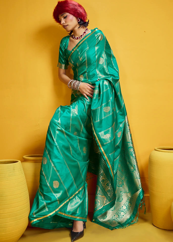 Emerald Green Tissue Satin Silk Zari Weaving Handloom Saree
