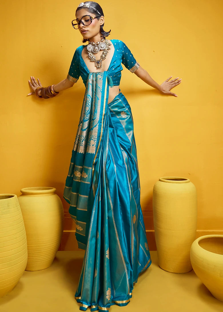 Turquoise Blue Tissue Satin Silk Zari Weaving Handloom Saree