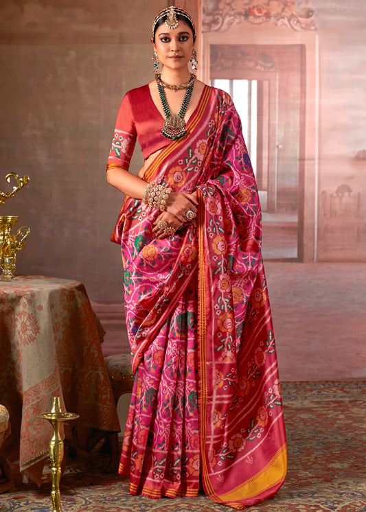 Designer Fuchsia Pink and Red Patola Silk Saree