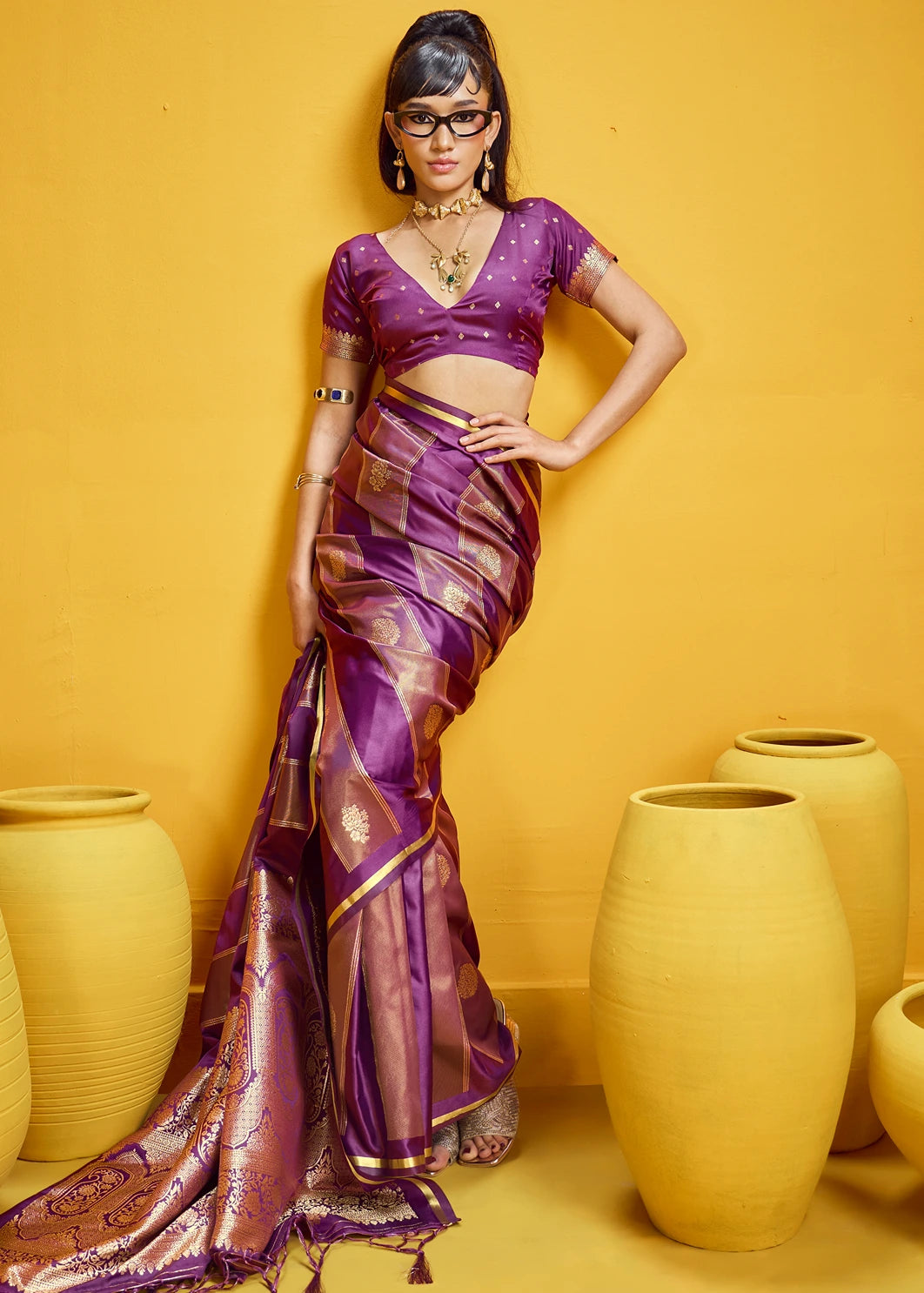 Magenta Pink Tissue Satin Silk Zari Weaving Handloom Saree