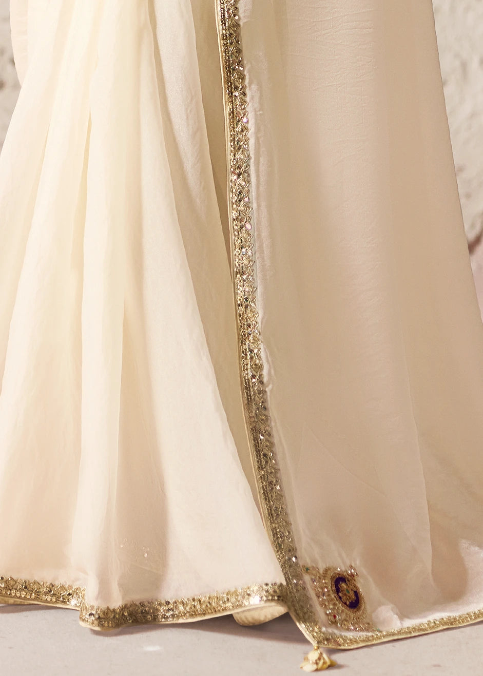 Crushed Organza Tissue Silk Off White Embroidered Saree with Multicolor Blouse