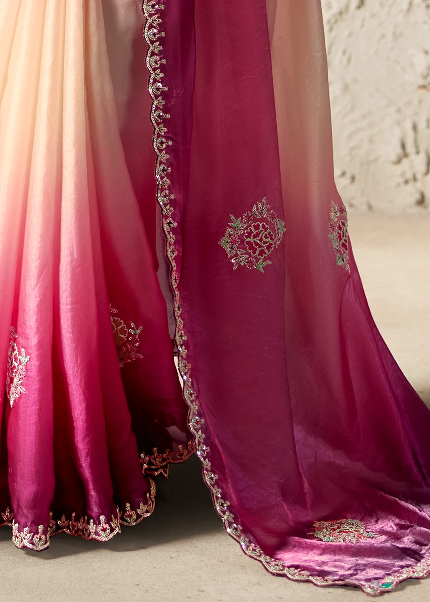 Crushed Organza Tissue Silk Rani Pink & Cream Embroidered Saree