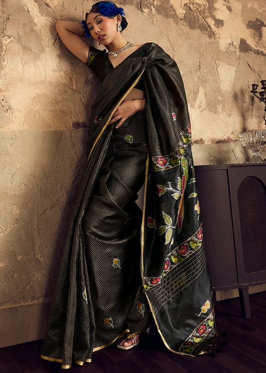 Handloom Weaving Silk Black Patola Saree with Zari Work