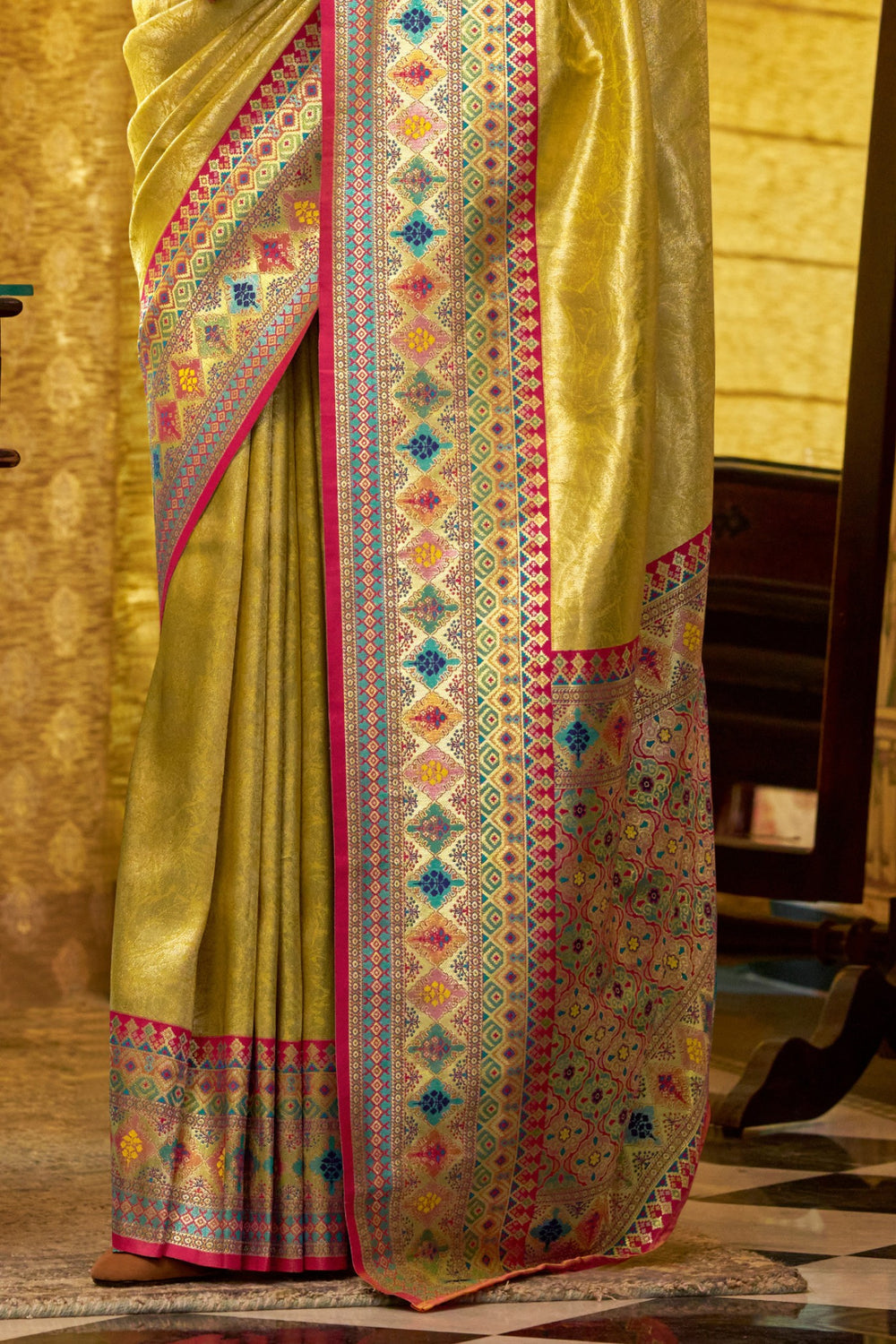 Yellow Banarasi Tissue Silk Multicolor Weaving Border Saree