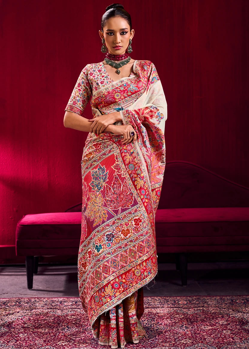 Pure Kashmiri Silk Handloom Weaving Off White Saree