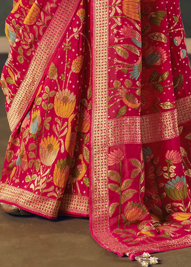 Pure Khaddi Georgette Vermillion Red Bridal Bandhani Saree