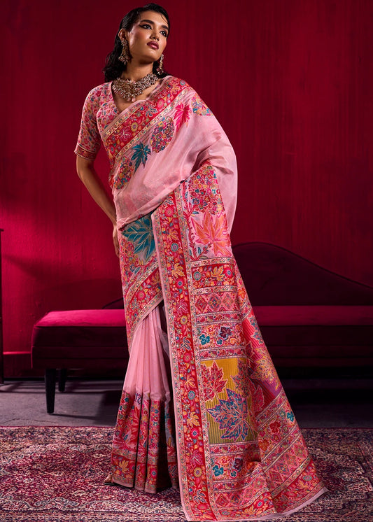 Pure Kashmiri Silk Handloom Weaving Pastel Pink Saree