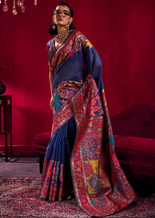 Pure Kashmiri Silk Handloom Weaving Royal Blue Saree