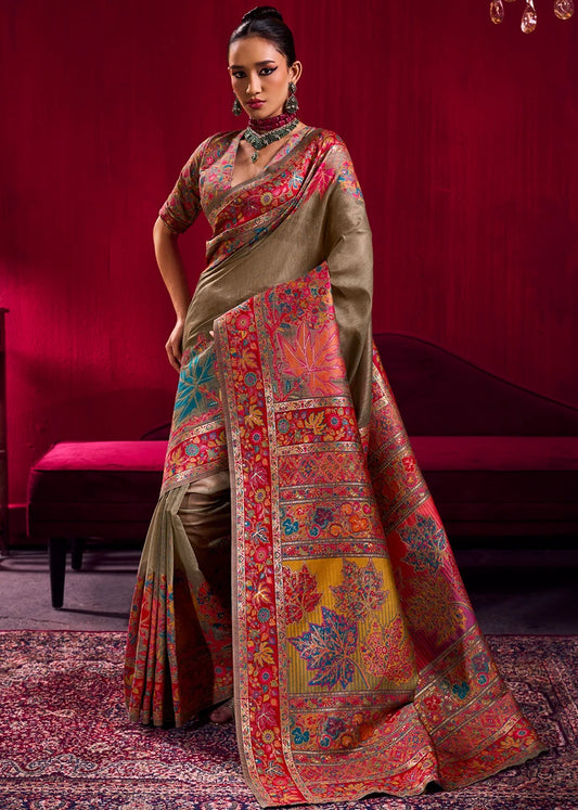 Pure Kashmiri Silk Handloom Weaving Beige Saree