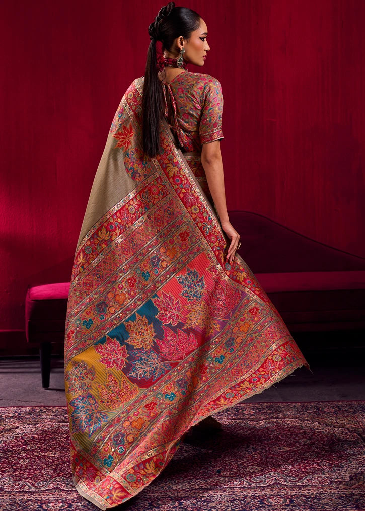 Pure Kashmiri Silk Handloom Weaving Beige Saree