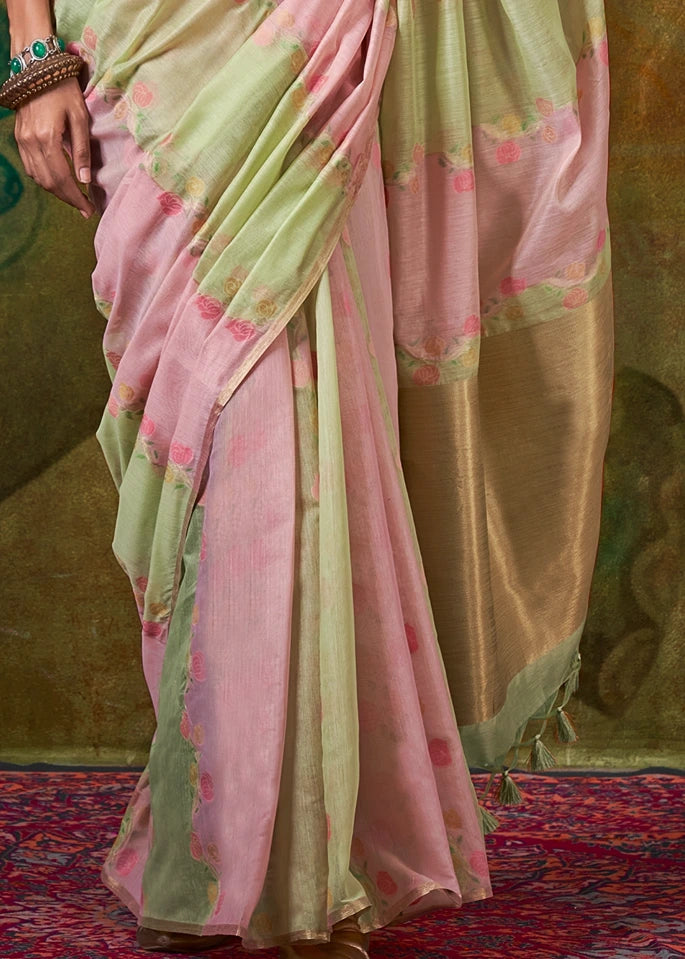 Pastel Pink and Green Handwoven Cotton Silk Saree
