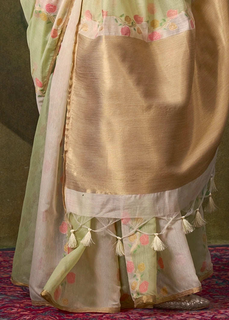 White and Green Handwoven Cotton Silk Saree