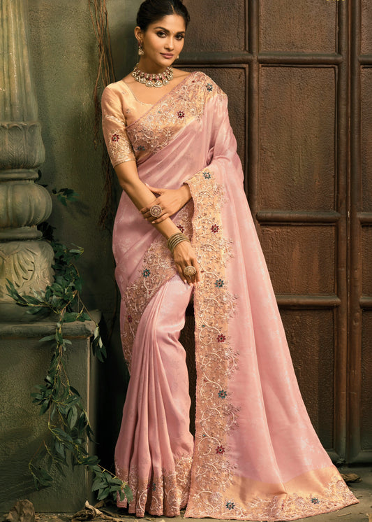 Pastel Pink & Golden Kanjivaram Silk Embroidered Bridal Saree
