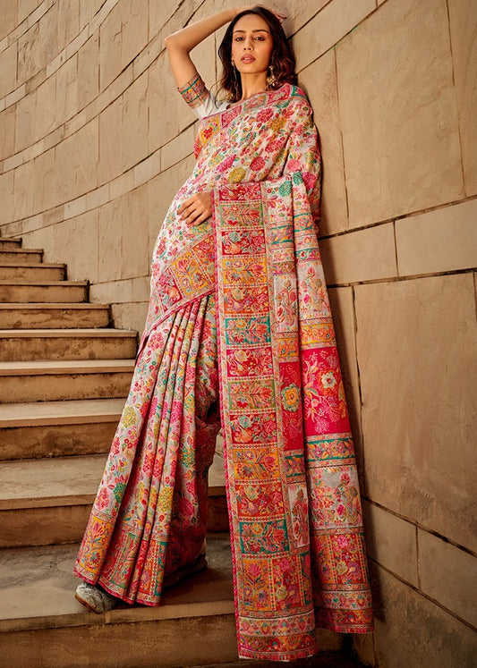 Pure Kashmiri Silk Handloom White Saree with Multicolor Weaving