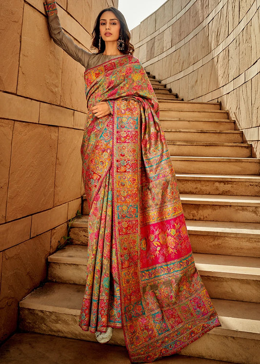 Pure Kashmiri Silk Handloom Weaving Beige Saree