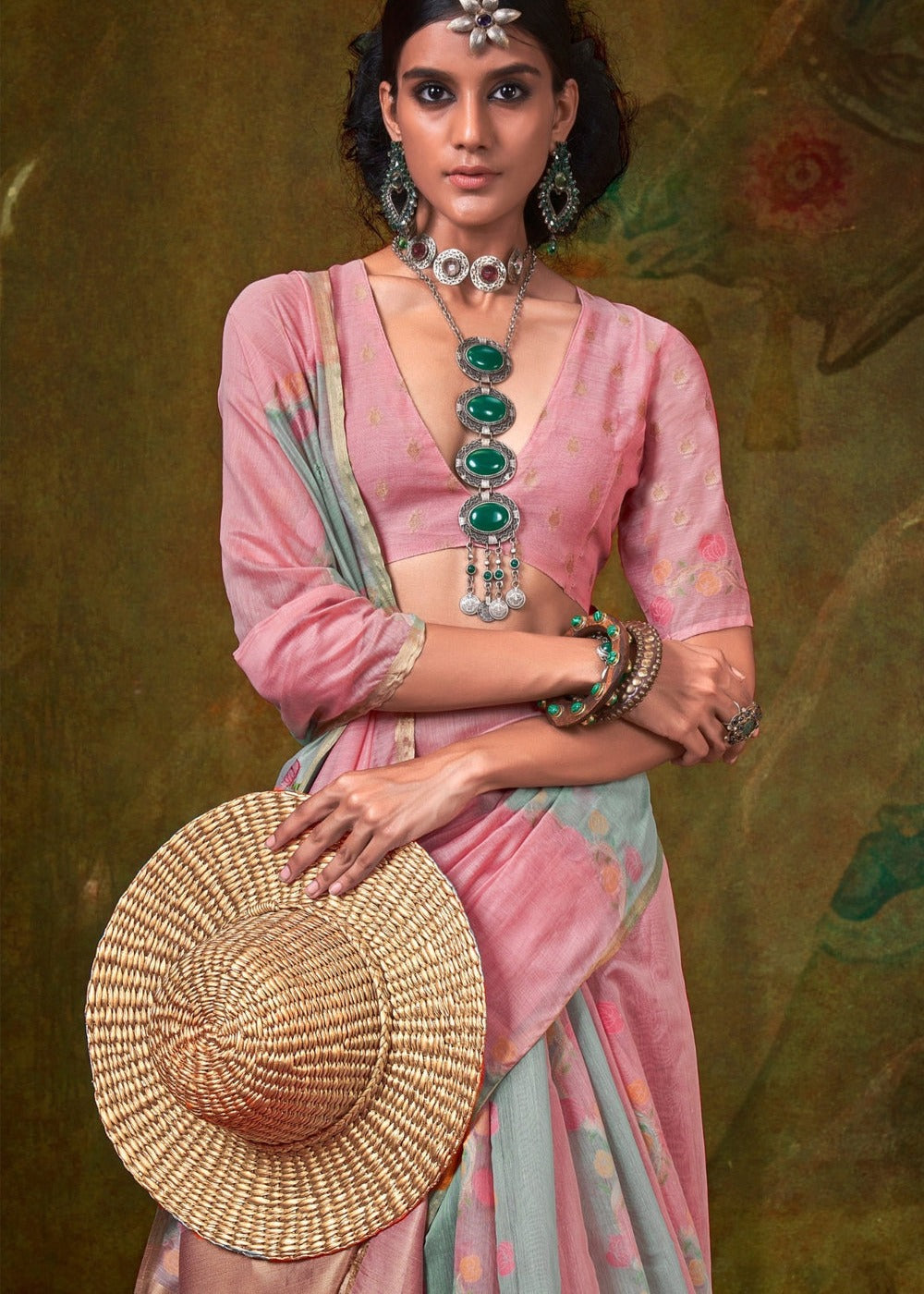 Pastel Pink and Blue Handwoven Cotton Silk Saree