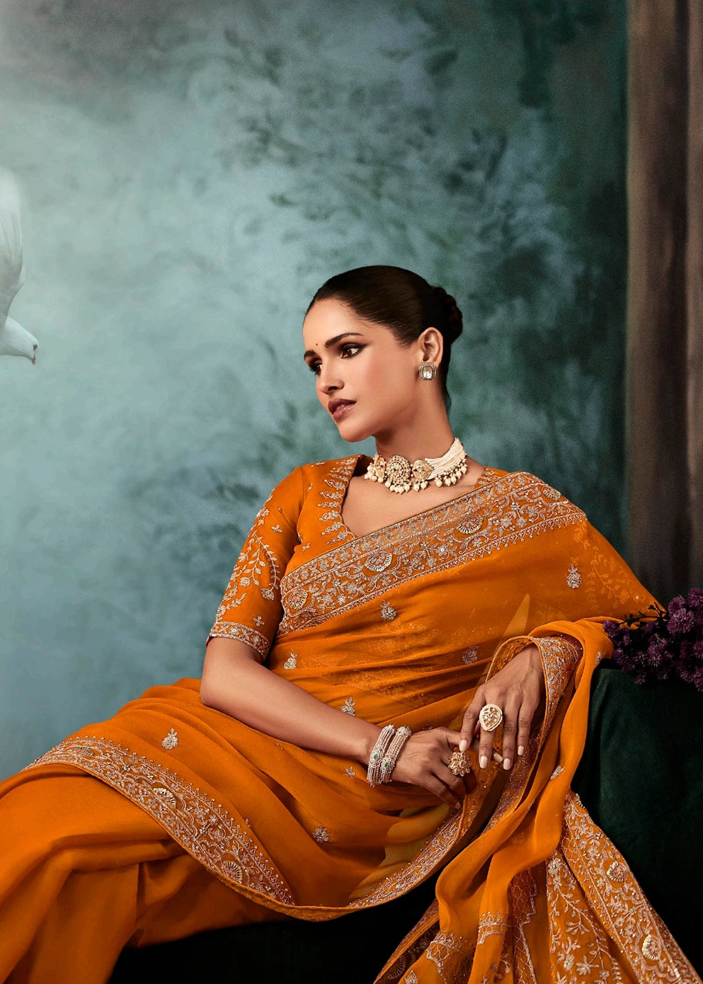 Orange Dabka Work Silk Embroidered Bridal Saree