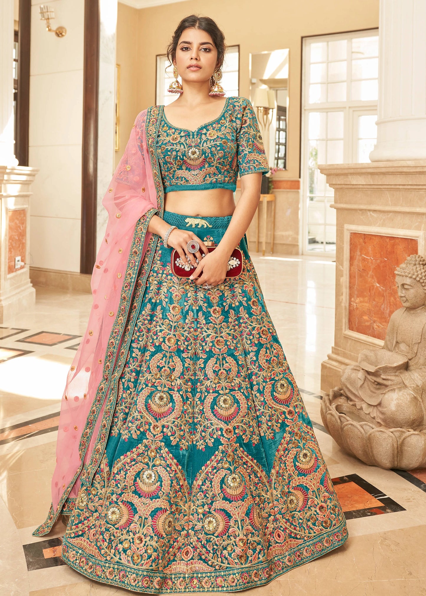 Turquoise Blue Velvet Lehenga Choli With Pink Dupatta