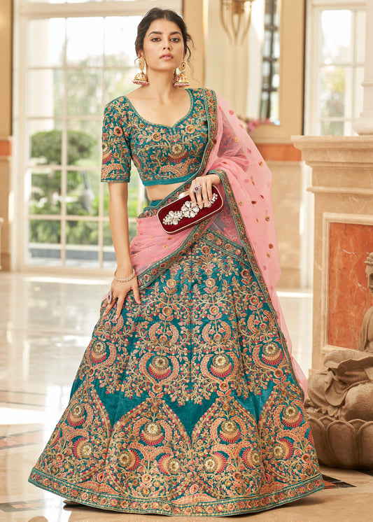 Turquoise Blue Velvet Lehenga Choli With Pink Dupatta