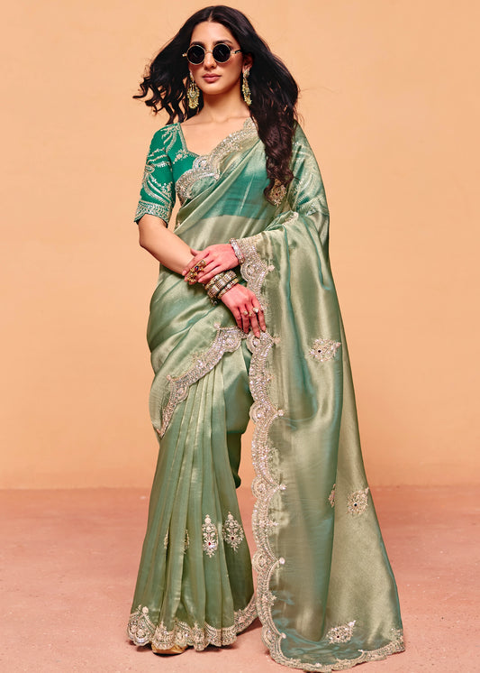 Ocean Green Tissue Silk Sequins Embroidery & Stone Work Saree