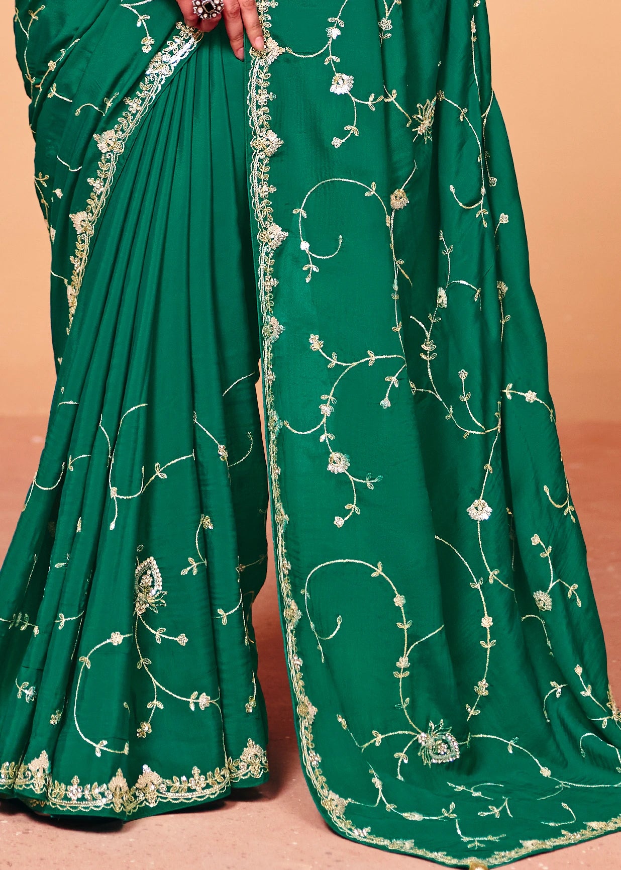 Emerald Green Crepe Silk Sequins Embroidery Saree With Yellow Blouse