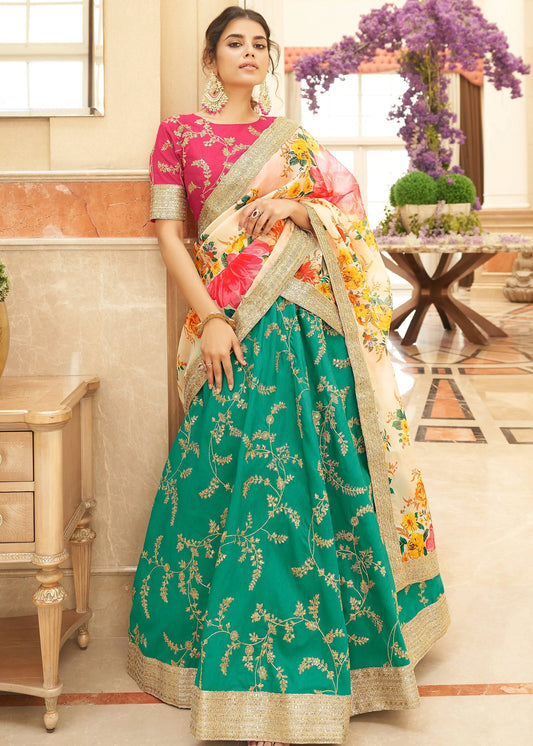 Green Lehenga With Pink Choli & Floral Organza Dupatta