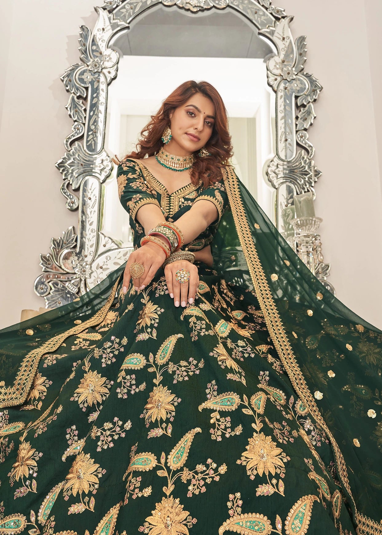 Dark Green Silk Lehenga Choli With Georgette Dupatta