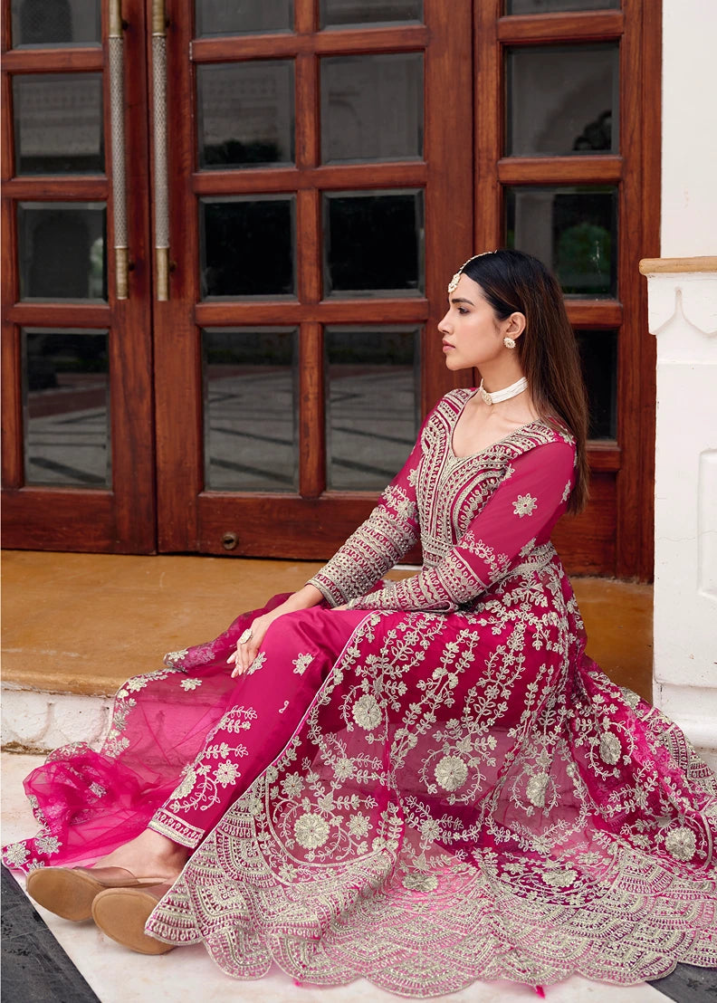 Designer Rani Pink Anarkali Suit With Pant, Skirt & Dupatta