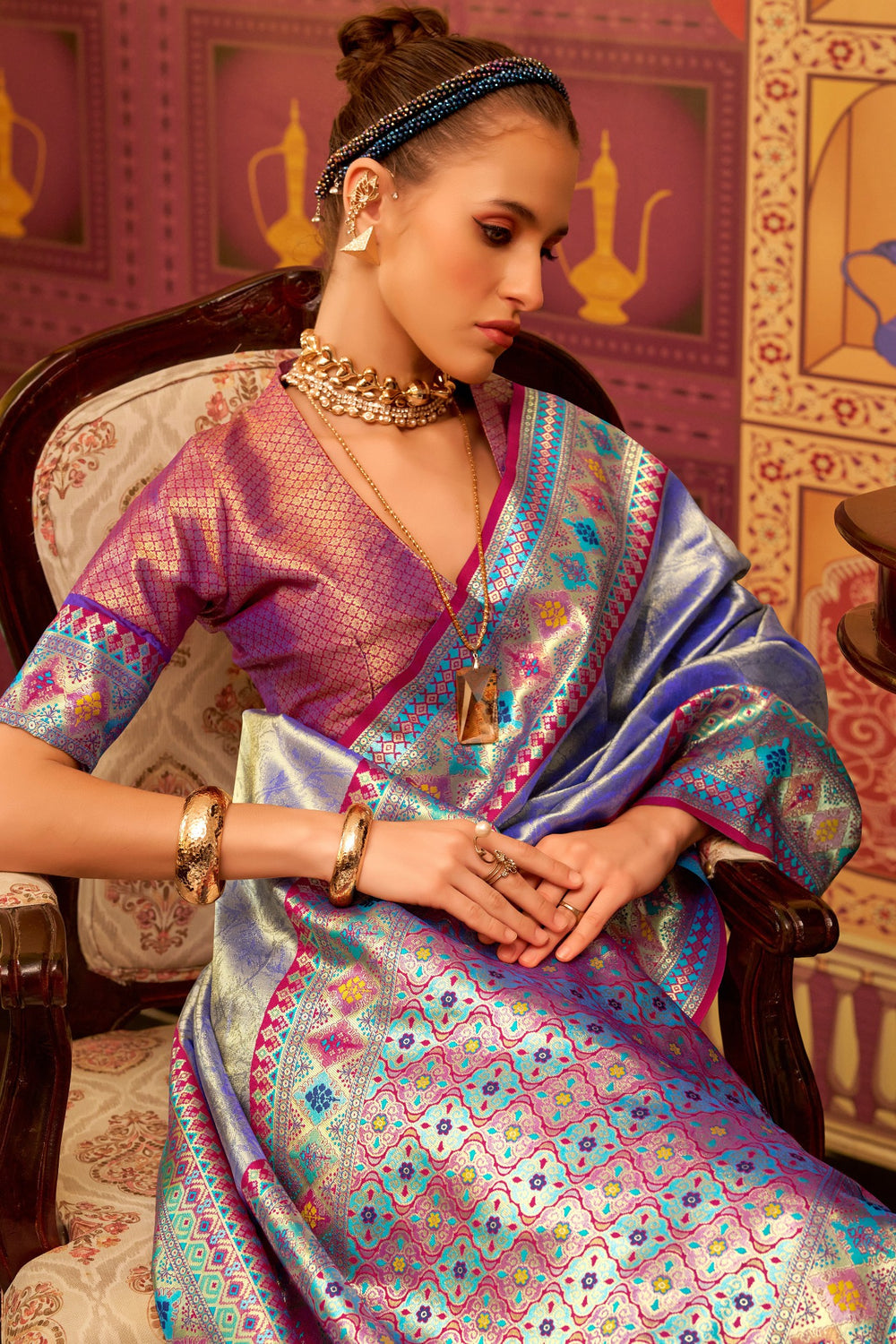 Blue Banarasi Tissue Silk Multicolor Weaving Border Saree